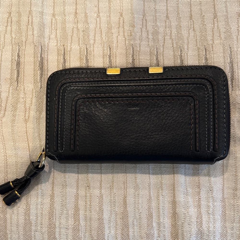 Chloe Black Leather Wallet with Gold Accents